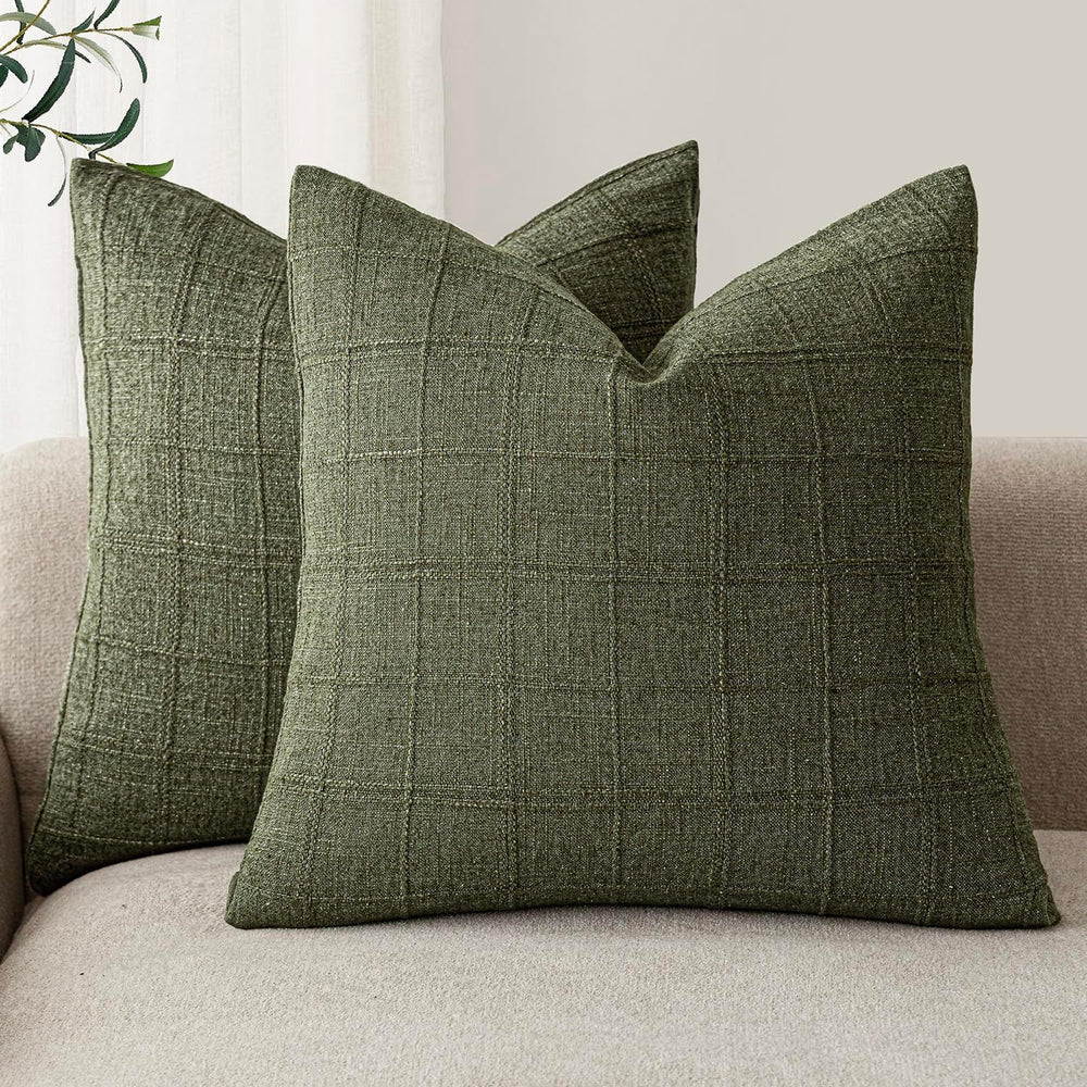 Foindtower Boho Linen Check Decorative Throw Pillow Cover 24×24 Olive Green