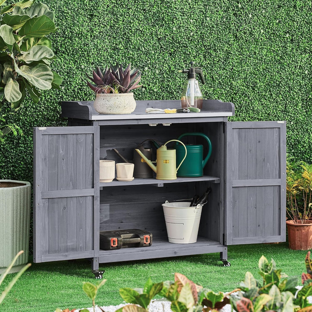 Topeakmart Potting Bench for Outside with Storage Cabinet & Metal Top,Gray