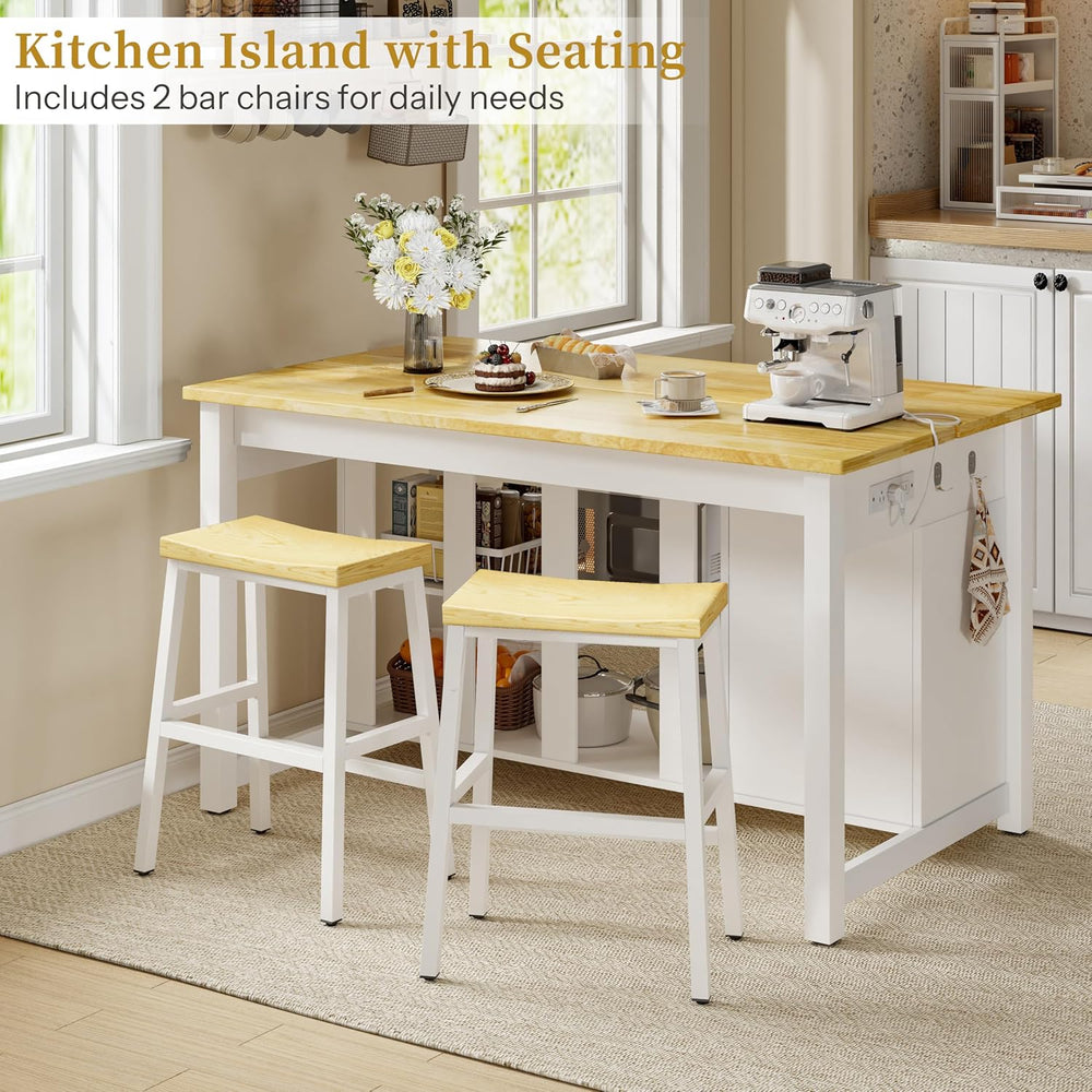 DynJest 47" Solid Rubberwood Top Kitchen Island with Storage, 2 Bar Stools