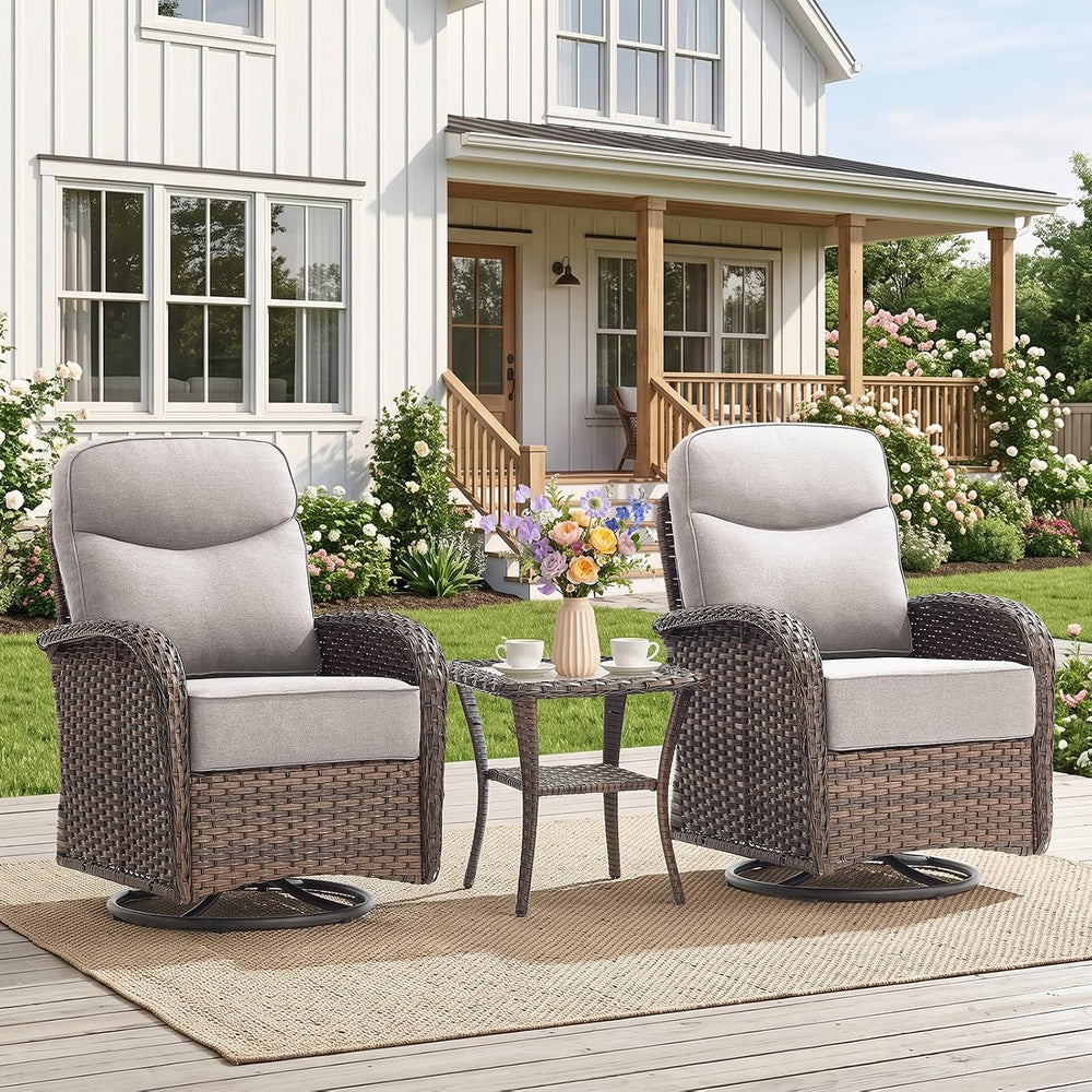 3Pc Patio Furniture Set, Swivel Chairs & Side Table Brown/Gray
