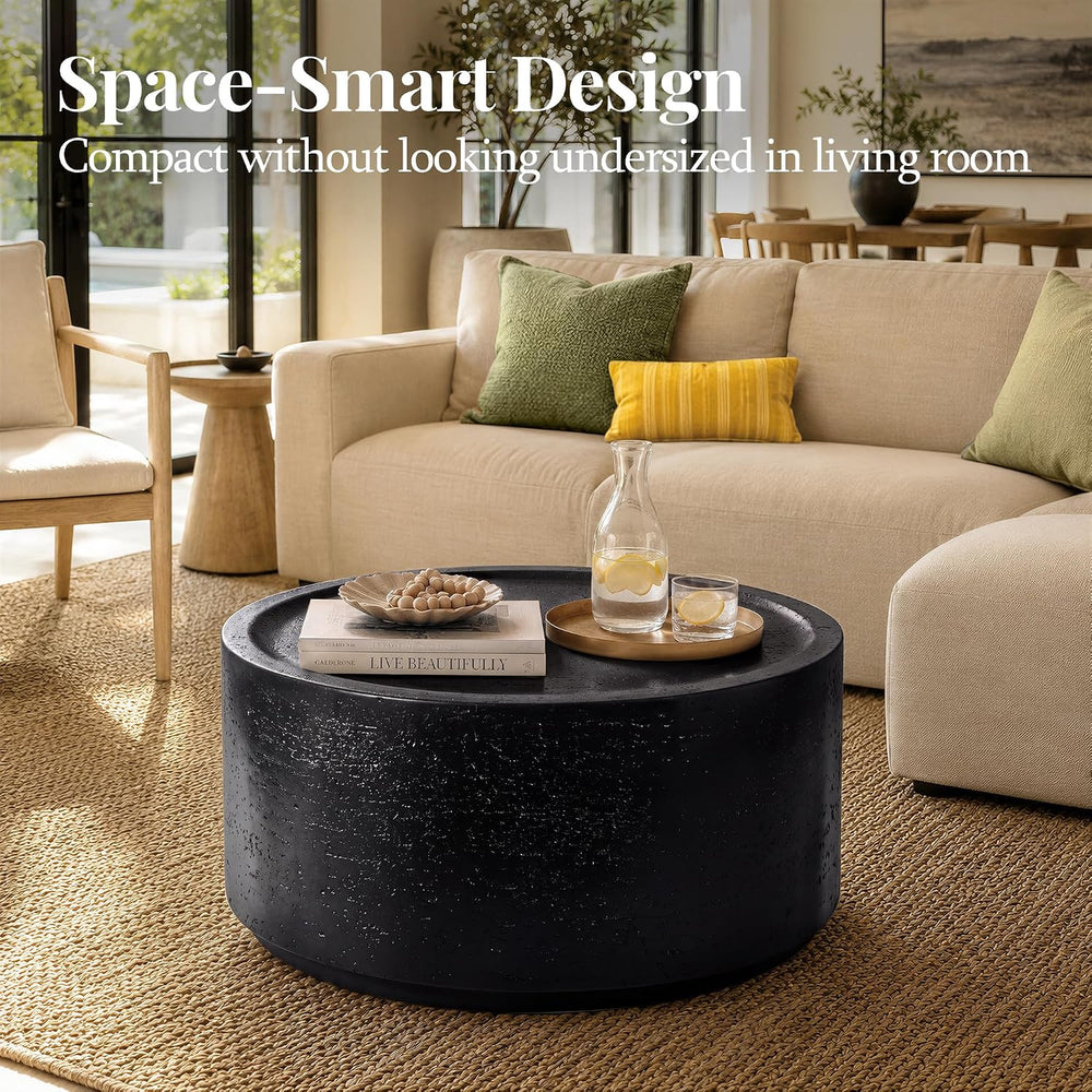 UPHA 28" Round Outdoor Coffee Table, Travertine Look, Black