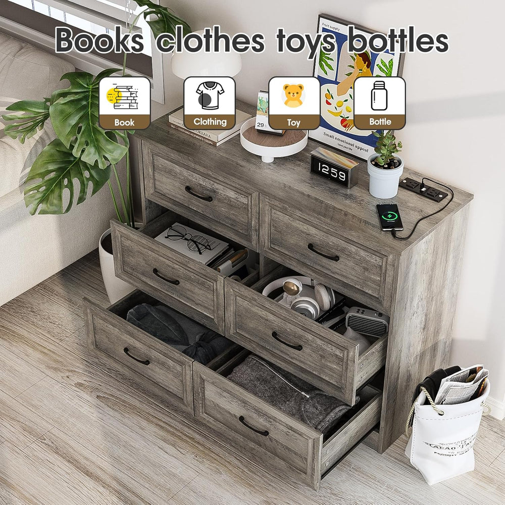 Fameill Dresser for Bedroom, 6 Drawer Wide Dresser Organizer with Charging St...