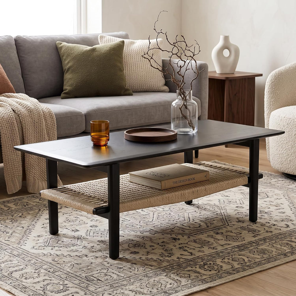 2-Tier Rattan Coffee Table, 47" Rectangle Wood Center Table, Black