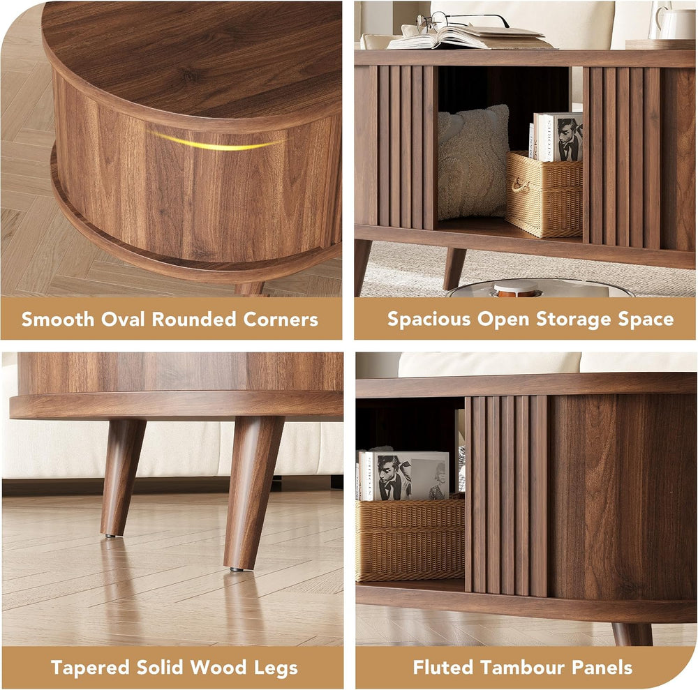 39.3" Oval Fluted Coffee Table with Storage, Fluted Mid-Century, Walnut