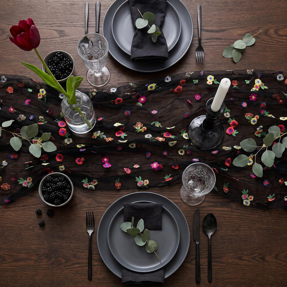 Black Embroidered Floral Daisy Tulle Table Runner Halloween 10FT 6 Pack