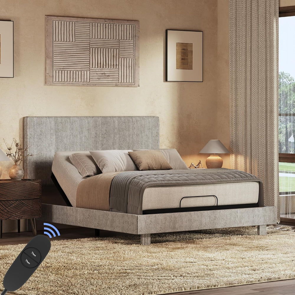 FLEXISPOT Queen Adjustable Bed with Velvet Upholstered Frame, Light Grey