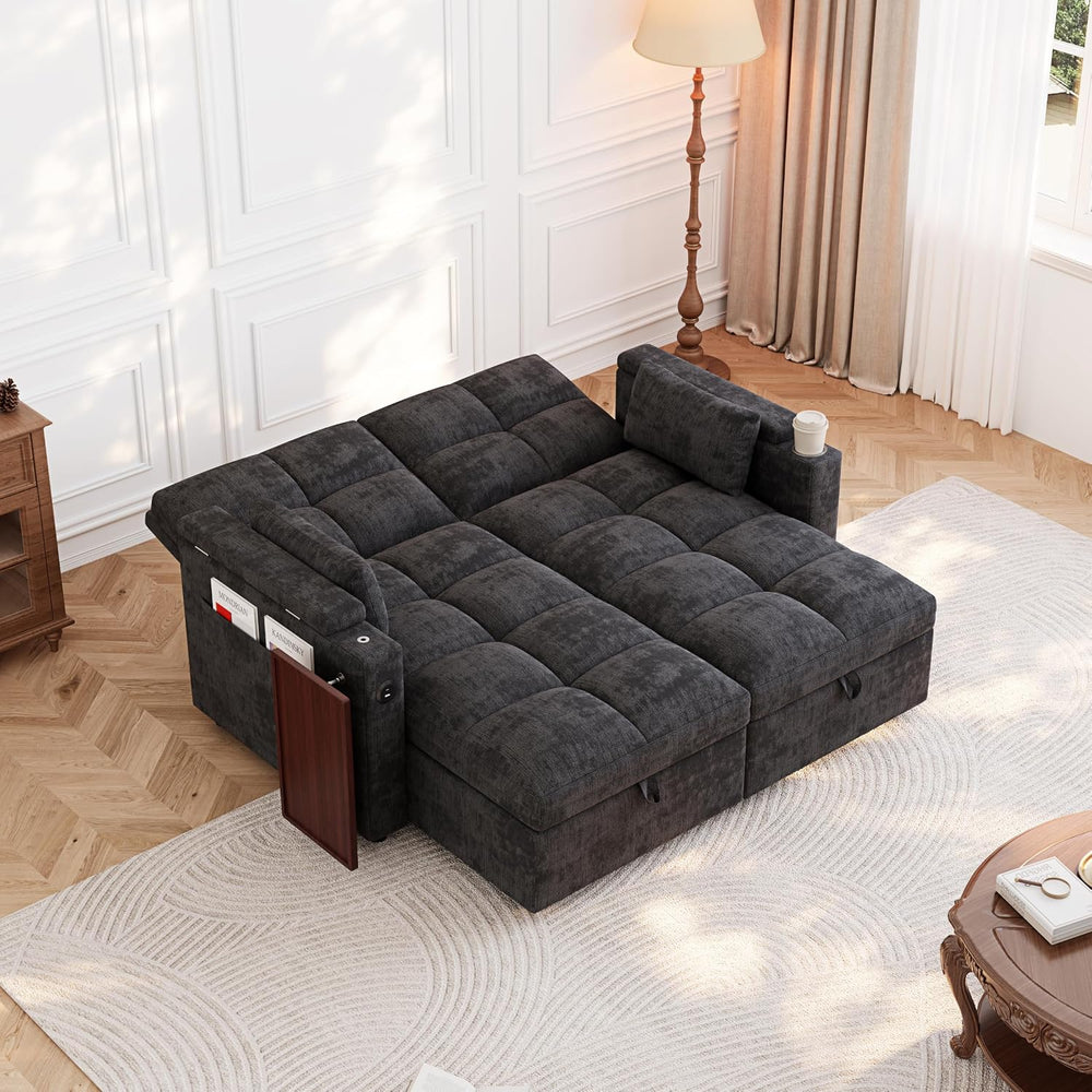 Convertible Sectional Sofa Bed with Storage, Tray & USB Port, Black