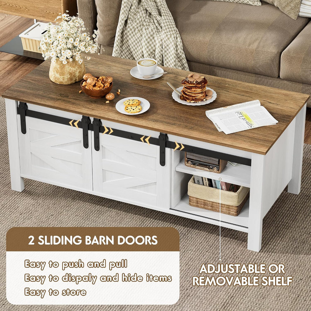 JUMMICO Farmhouse Coffee Table with Storage & Sliding Barn Doors, Modern ...