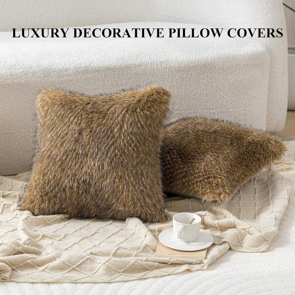 MOOX Faux Fur Pillow Covers 18x18 Inch Set of 2, Faux Raccoon Fur Textured De...