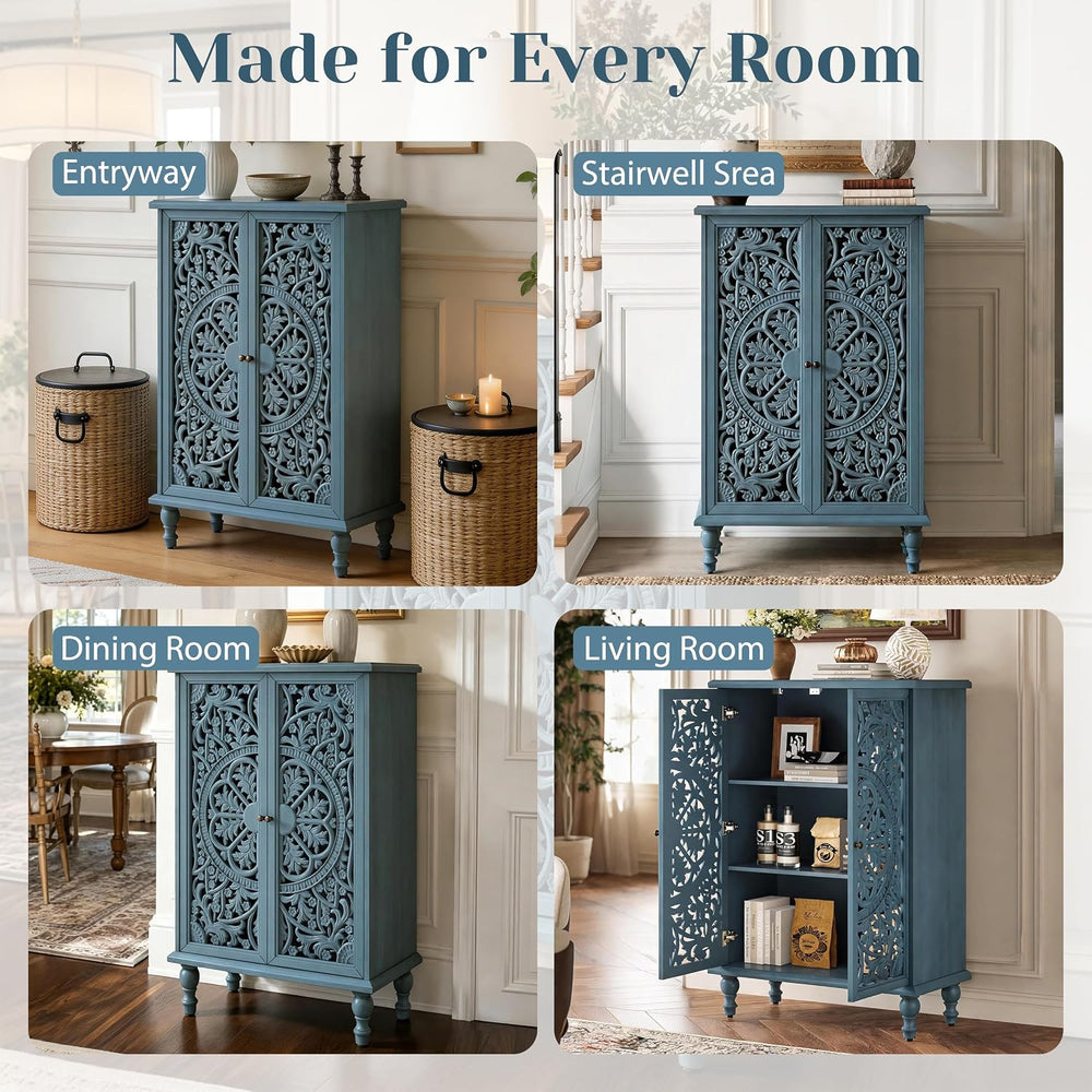 47" Tall Accent Cabinet Vintage Storage Cabinet with Doors Blue