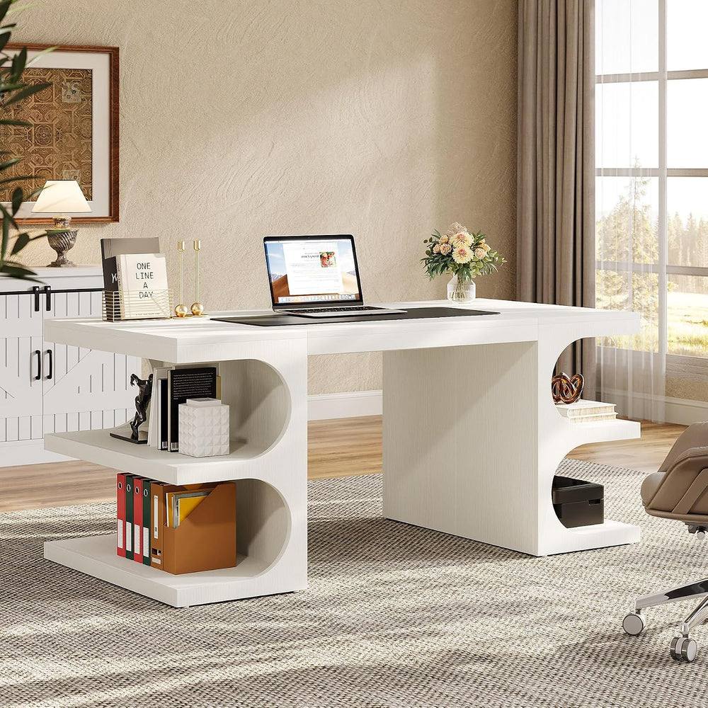 Tribesigns White Executive Office Desk, 63" Computer Desk with Storage S...
