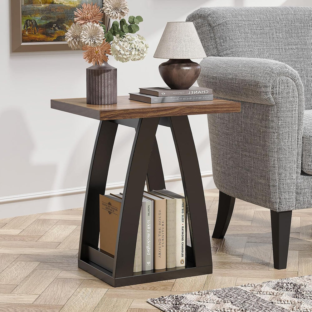 End Tables Living Room Set of 2 with Shelf, Black-Brown