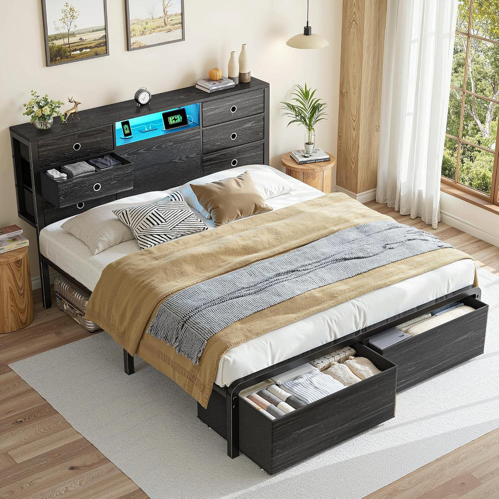 Homkdom Queen Size Bed Frame with 8 Drawers and Charging Station,Black