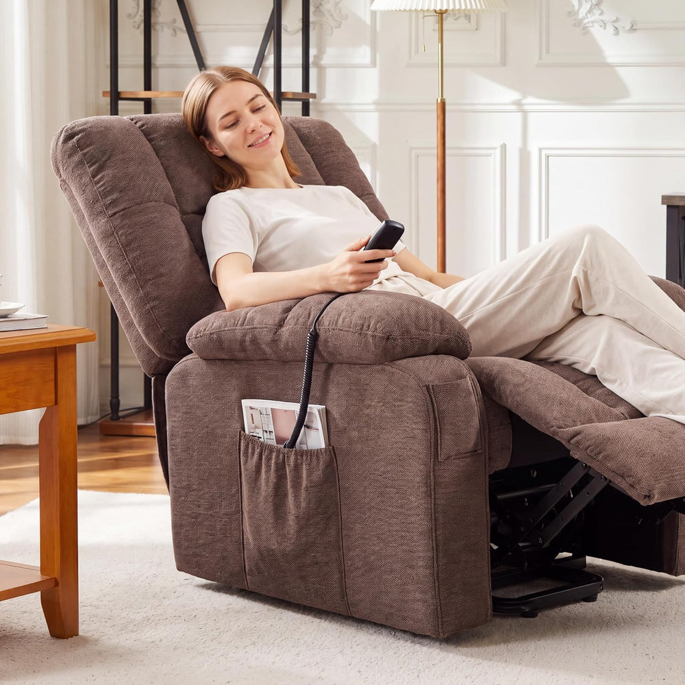 Electric Lift Heat Massage Recliner Chair with Side Pockets, Brown