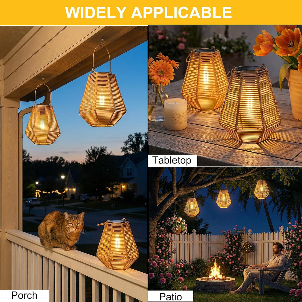 Solar Lanterns, 2 Pack Rattan Hanging Lights Outdoor Waterproof for Patio