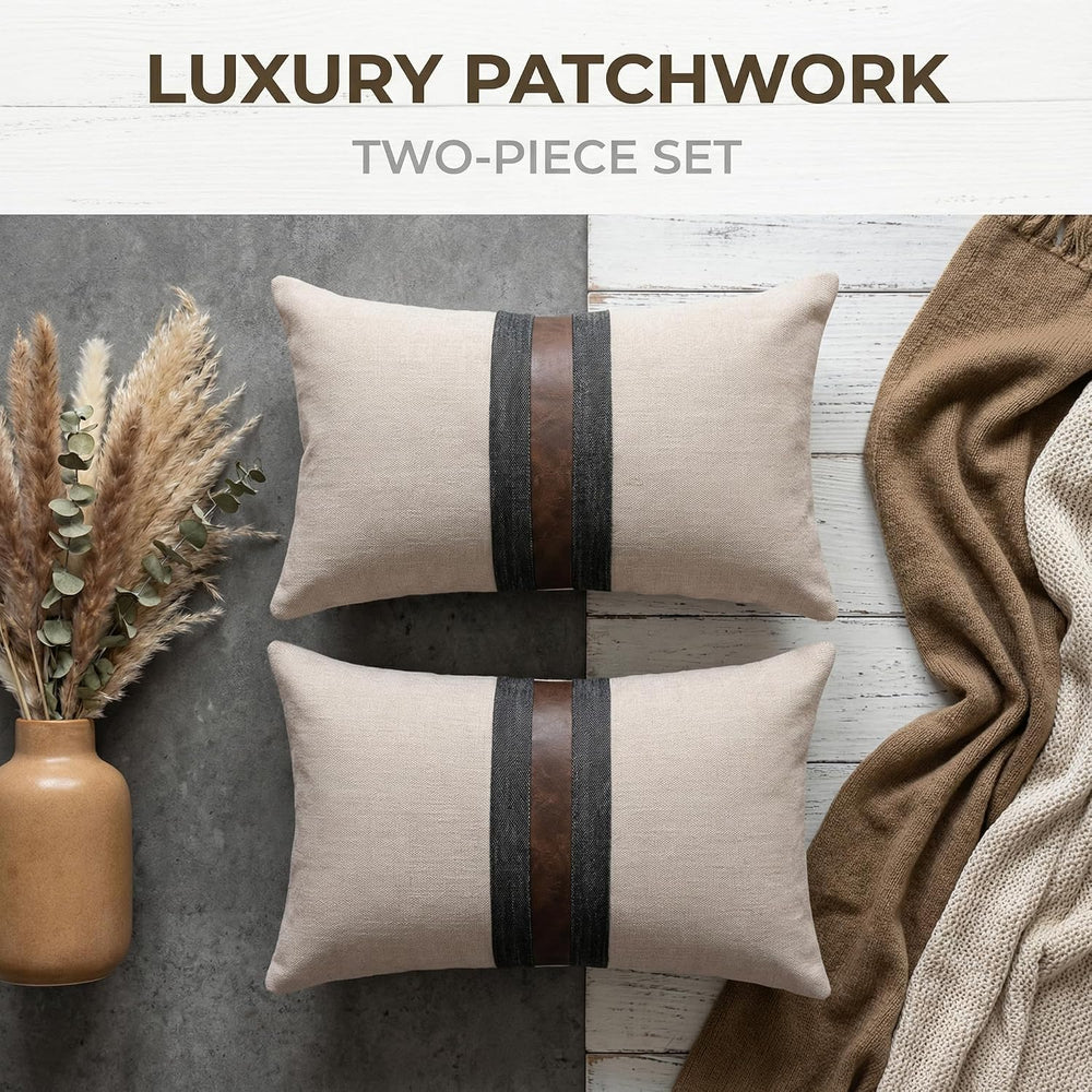 Set of 2 Leather Throw Pillow Covers Lumbar Cotton Linen Decor Patchwork Pill...