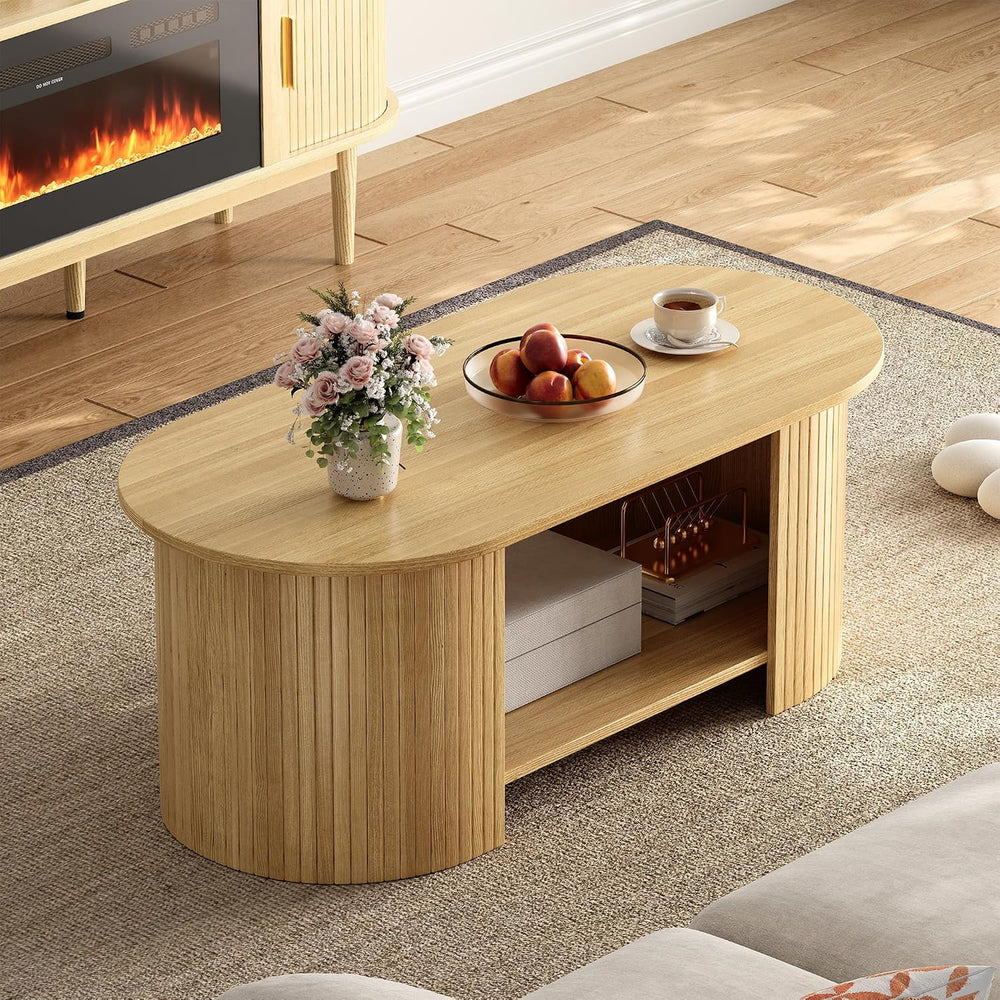 42" Oval Fluted Coffee Table, 2-Tier Center Table with Large Storage, Mi...
