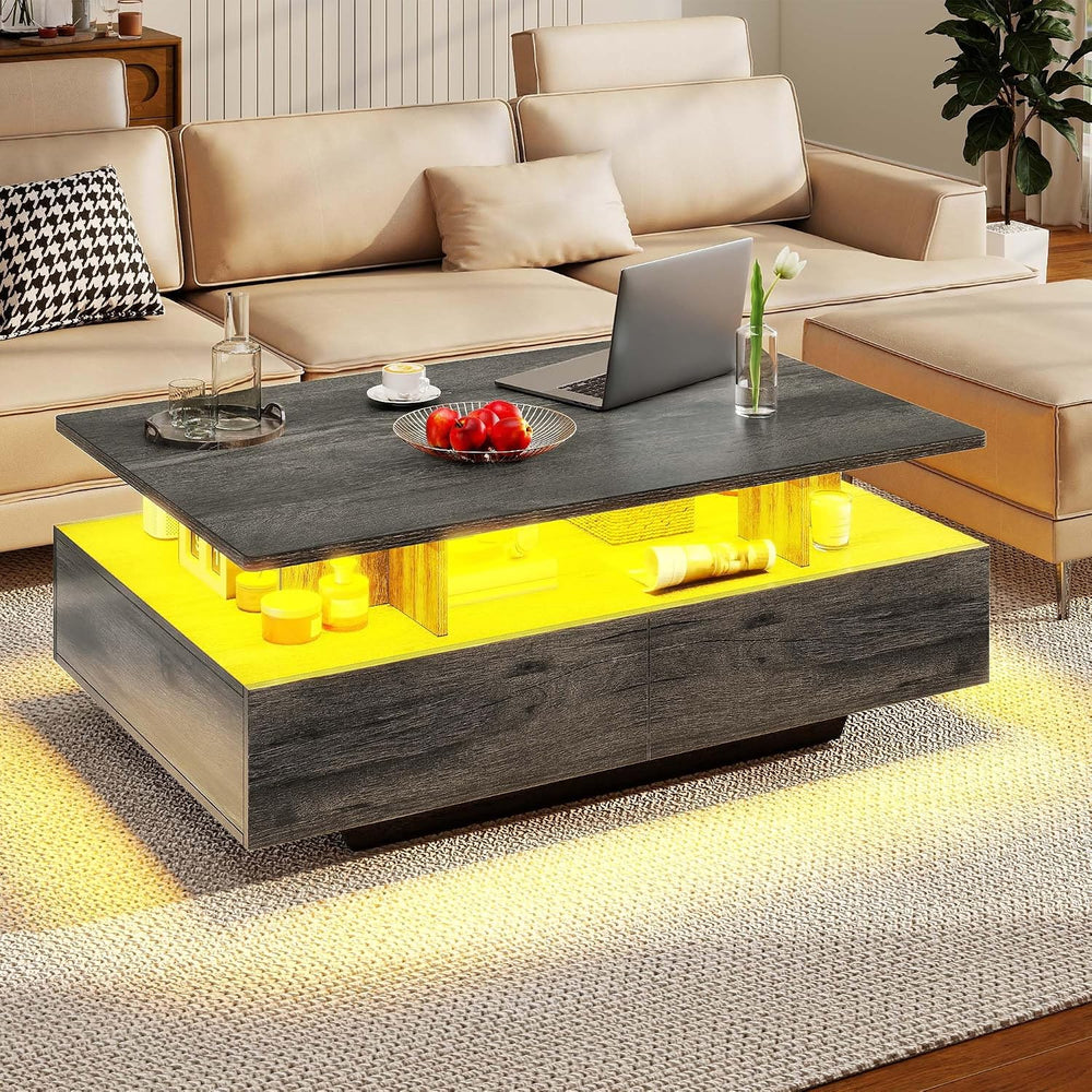 DWVO LED Coffee Table with 4 Drawers, High Glossy Center Table, Grey