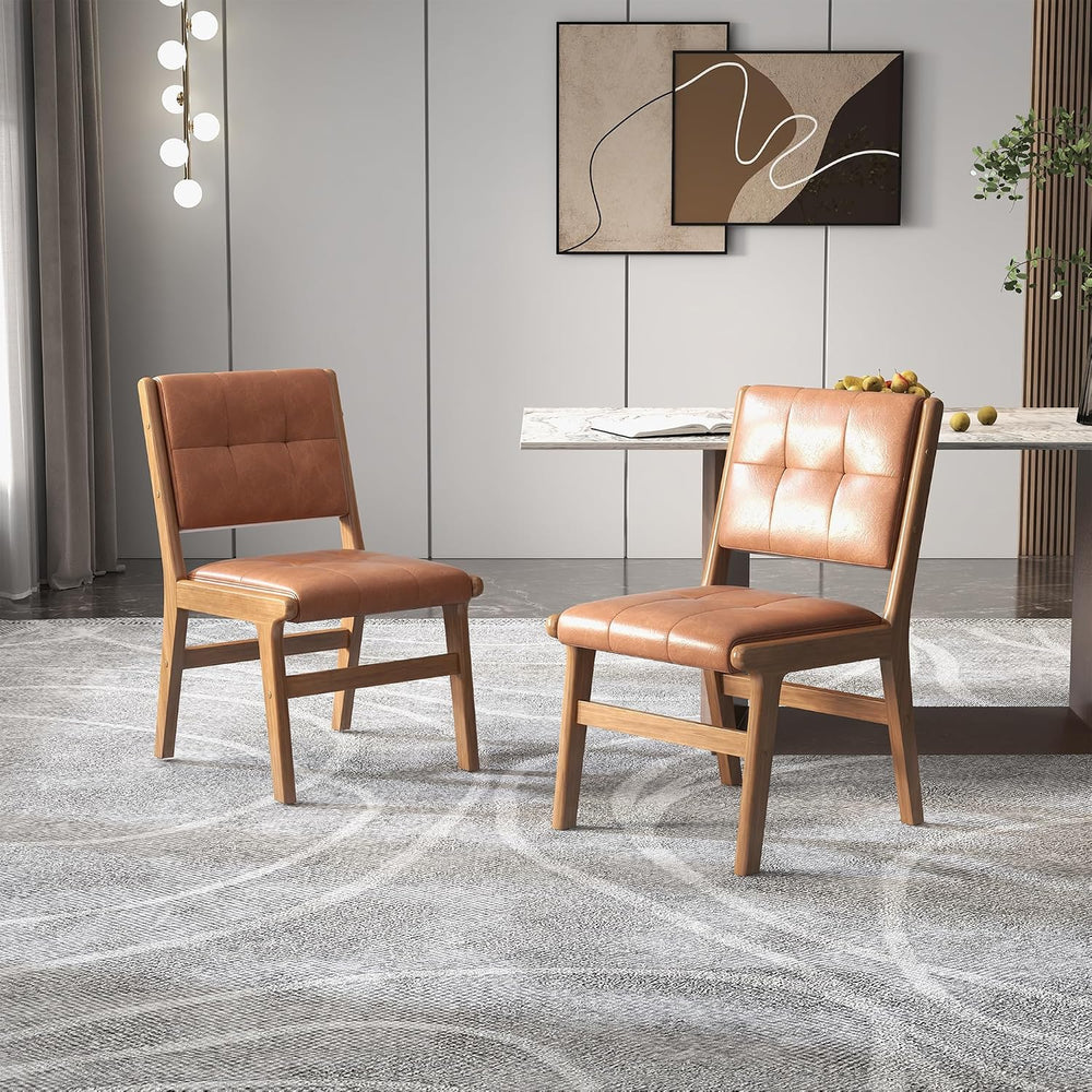Faux Leather Dining Chairs Set of 2, Comfy Seat, Solid Wood Frame, Brown