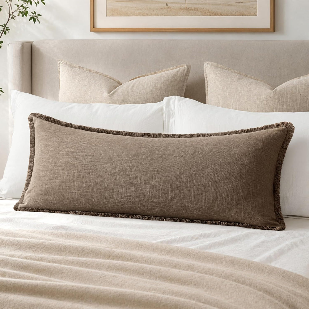 MIULEE 14x36 Long Linen Fringe Lumbar Pillow Covers Set of 1 Cocoa Brown