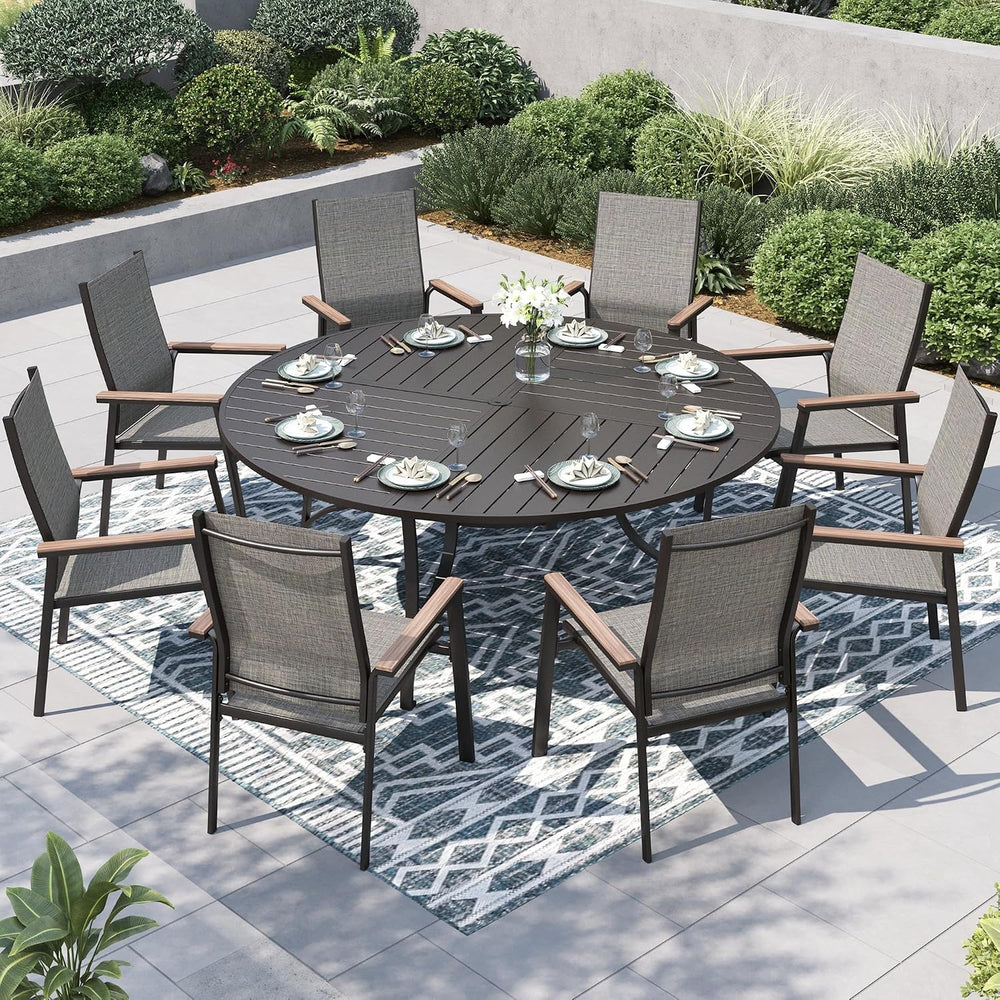 PHI VILLA Outdoor Dining Set for 8 w/Round Table & Aluminum Chairs, Grey