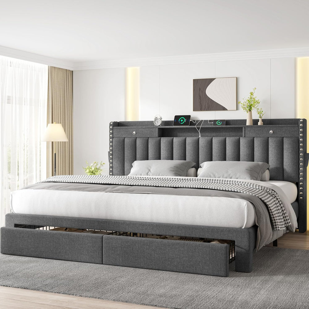CypBed King Bed Frame with 4 Storage Drawers and Headboard,Charging Station