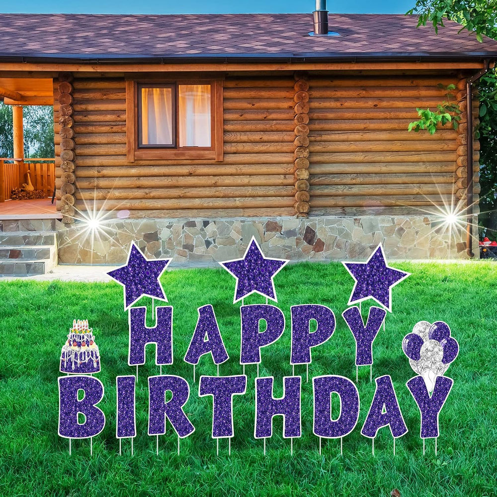 Jetec 18 Pcs Happy Birthday Yard Sign with Stakes and Light, Purple