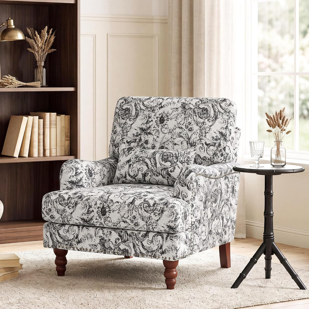 Floral Accent Chair, Chenille Upholstered Armchair, Rococo Black