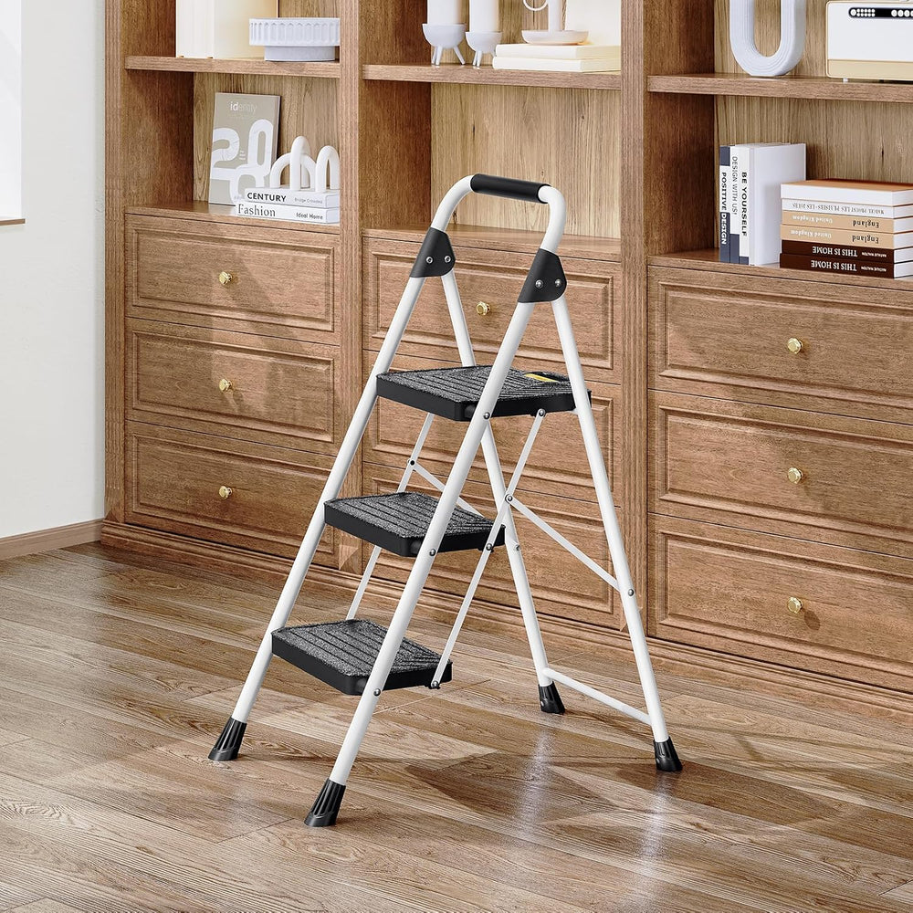 KINGRACK 3 Step Ladder, Folding Step Stool for Home and Kitchen, White