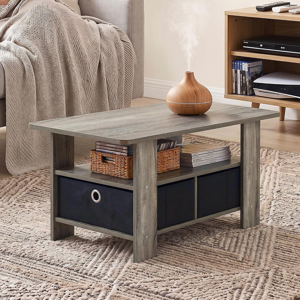 Furinno Andrey Coffee Table with Bin Drawer, French Oak Grey/Black