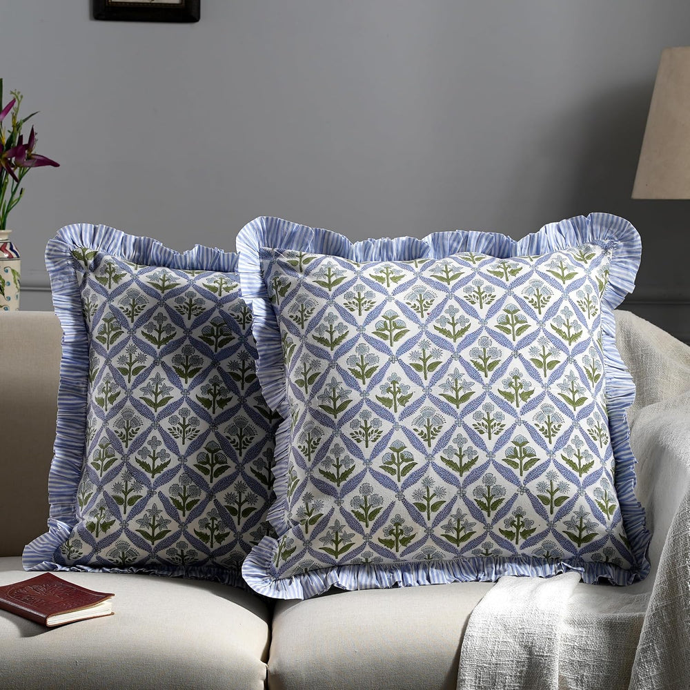 Ridhi Light Steel Blue Block Print Ruffle Pillow Covers 16x16 Inch Set of 2