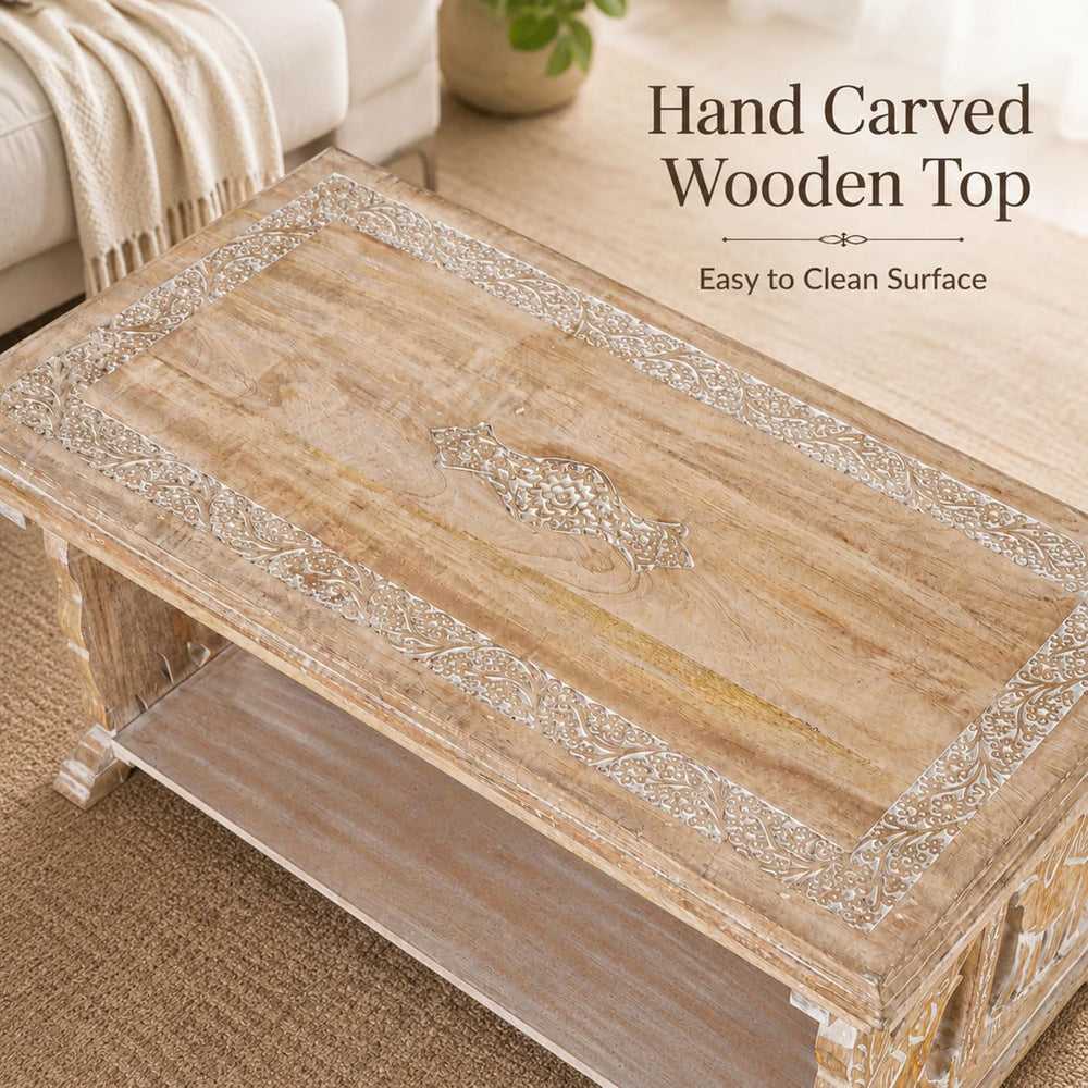 Coffee Table in Solid Wood With Hand Carving40x20x18"White Wash Rectangular