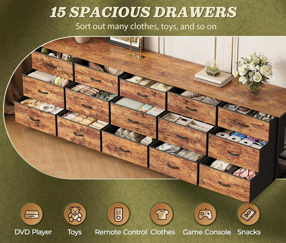 Huuger 78.7 inch Long Dresser for Bedroom, 15 Drawer Fabric Dresser for Close...