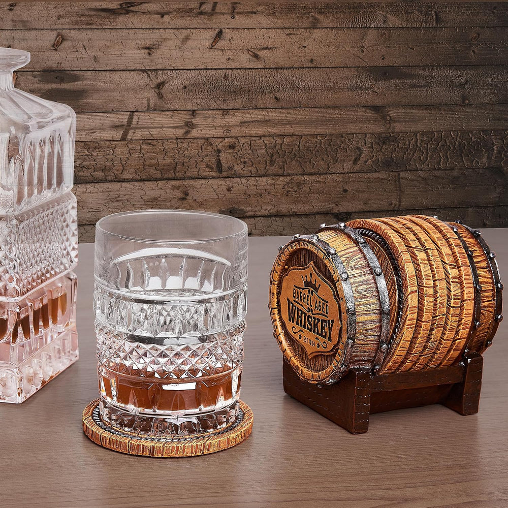 Whiskey Barrel Coasters Set of 6 - Bar Coasters & Whiskey Gifts for Men