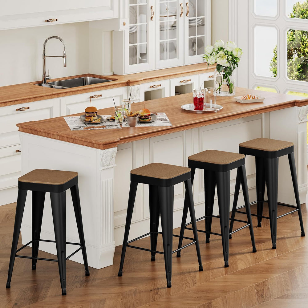 24" Metal Bar Stools Set of 4 Black Counter Height Stools with Wood Seat...