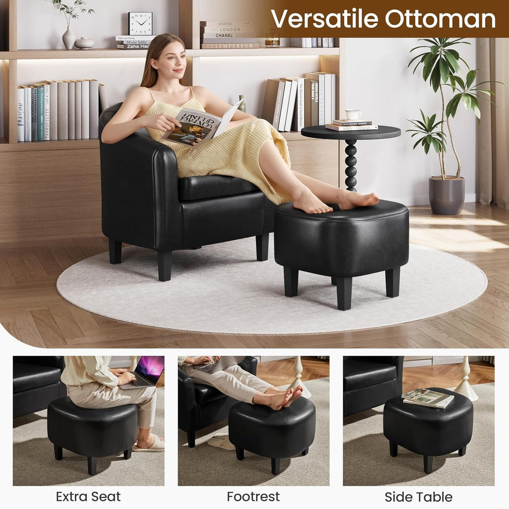 Yaheetech Accent Chairs with Ottoman, Faux Leather Barrel Chairs, Black