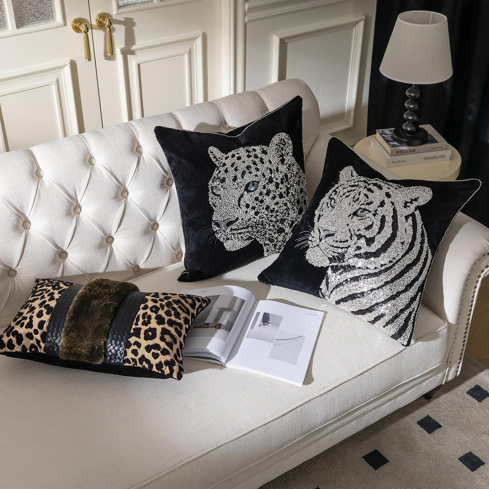 Luxury Embroidered Leopard Throw Pillow Cover 20x20 inch, 1 Piece