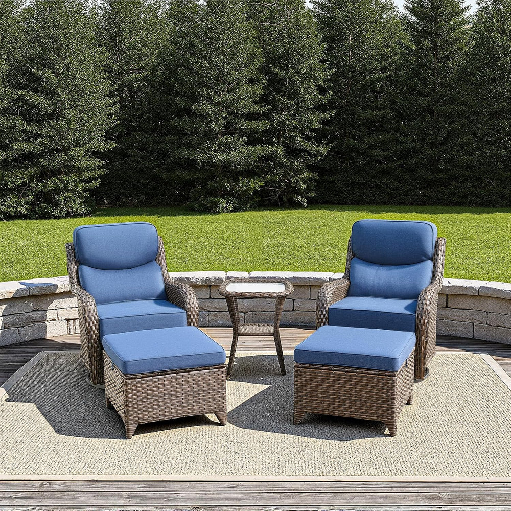 5 PCS Outdoor Bistro Set with Swivel Glider and Ottomans, Brown/Blue