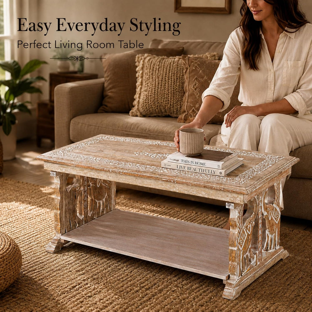 Coffee Table in Solid Wood With Hand Carving40x20x18"White Wash Rectangular