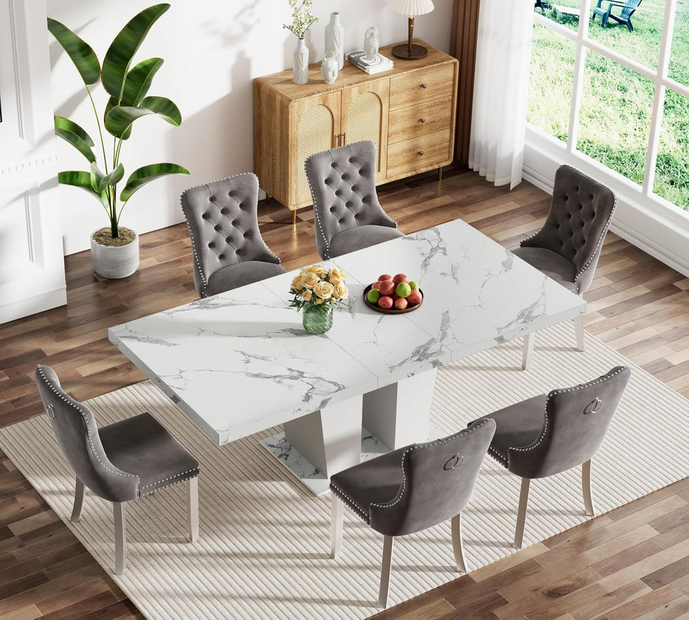 White Faux Marble Dining Room Table Set for 6, 7-Piece 63"-78.74" E...