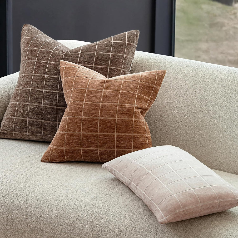 Decorative Chenille Plaid Fall Throw Pillow Covers Camel 26x26 Set of 2