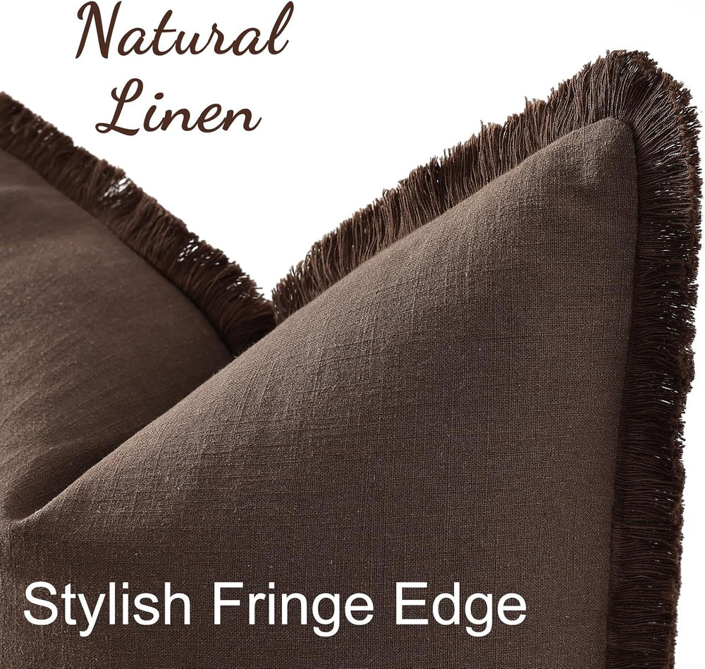 decorUhome Linen Fringe Chocolate Throw Pillow Covers 20x20 Set of 2