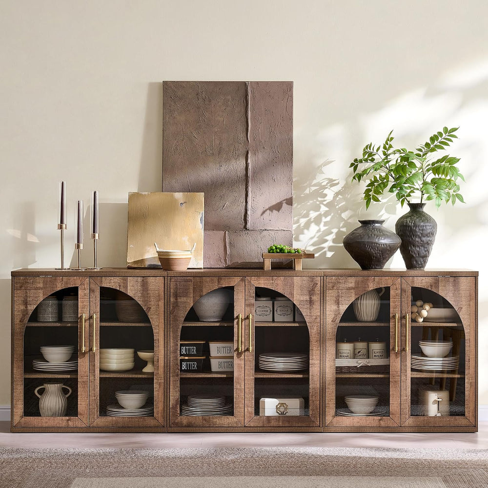 ACCOHOHO Glass Arched Door Sideboard Buffet Cabinet Set of 2, Rustic Oak