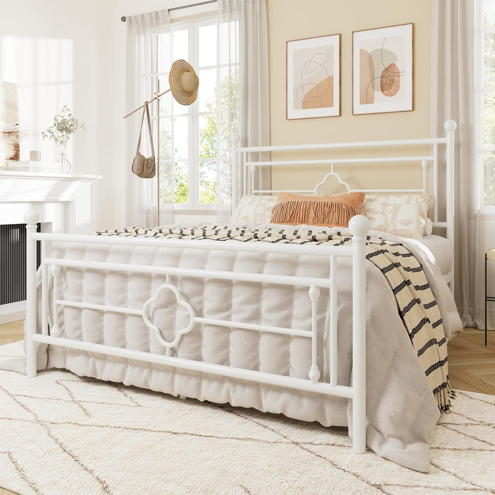 Allewie Full Size Metal Platform Bed Frame, Victorian Headboard, White