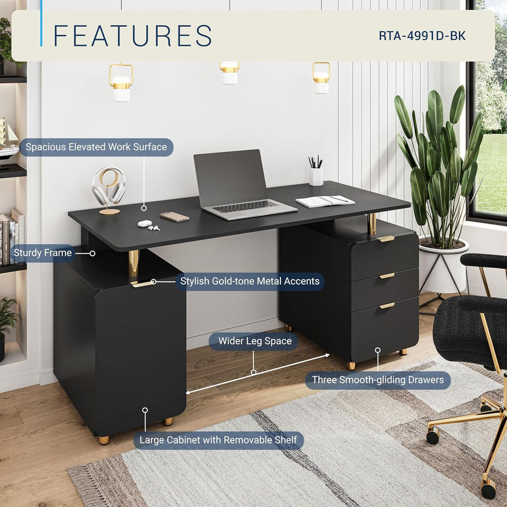 Techni Mobili 57"W Computer Desk w/ 3 Drawers & Storage Cabinet, Bla...
