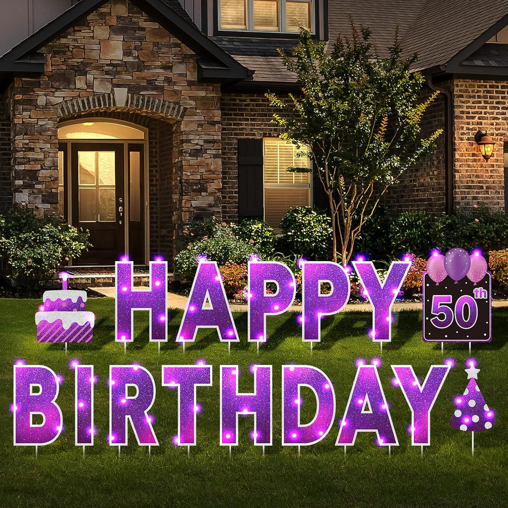 Yerliker 16 Pcs Purple Happy Birthday Yard Signs with Stakes, 32.8 ft LED Lig...