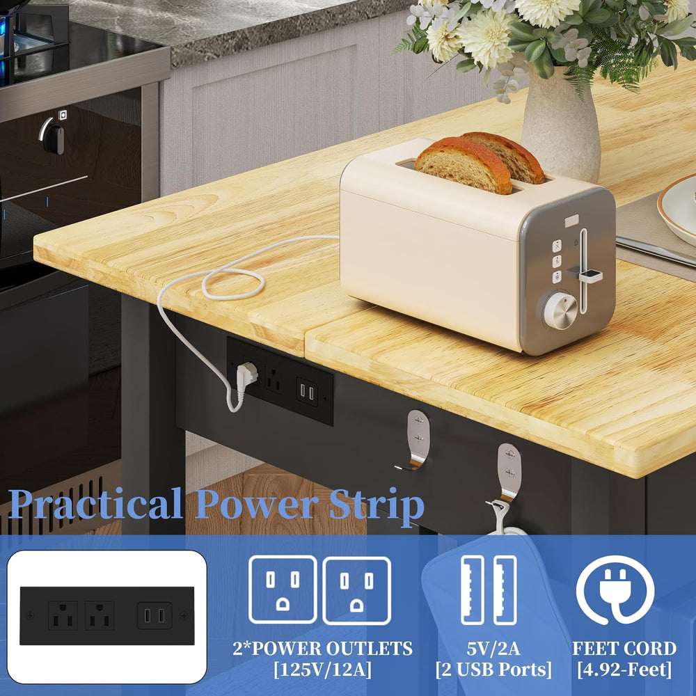 47.3" Kitchen Island with Power Outlets - Solid Rubberwood Top, Black