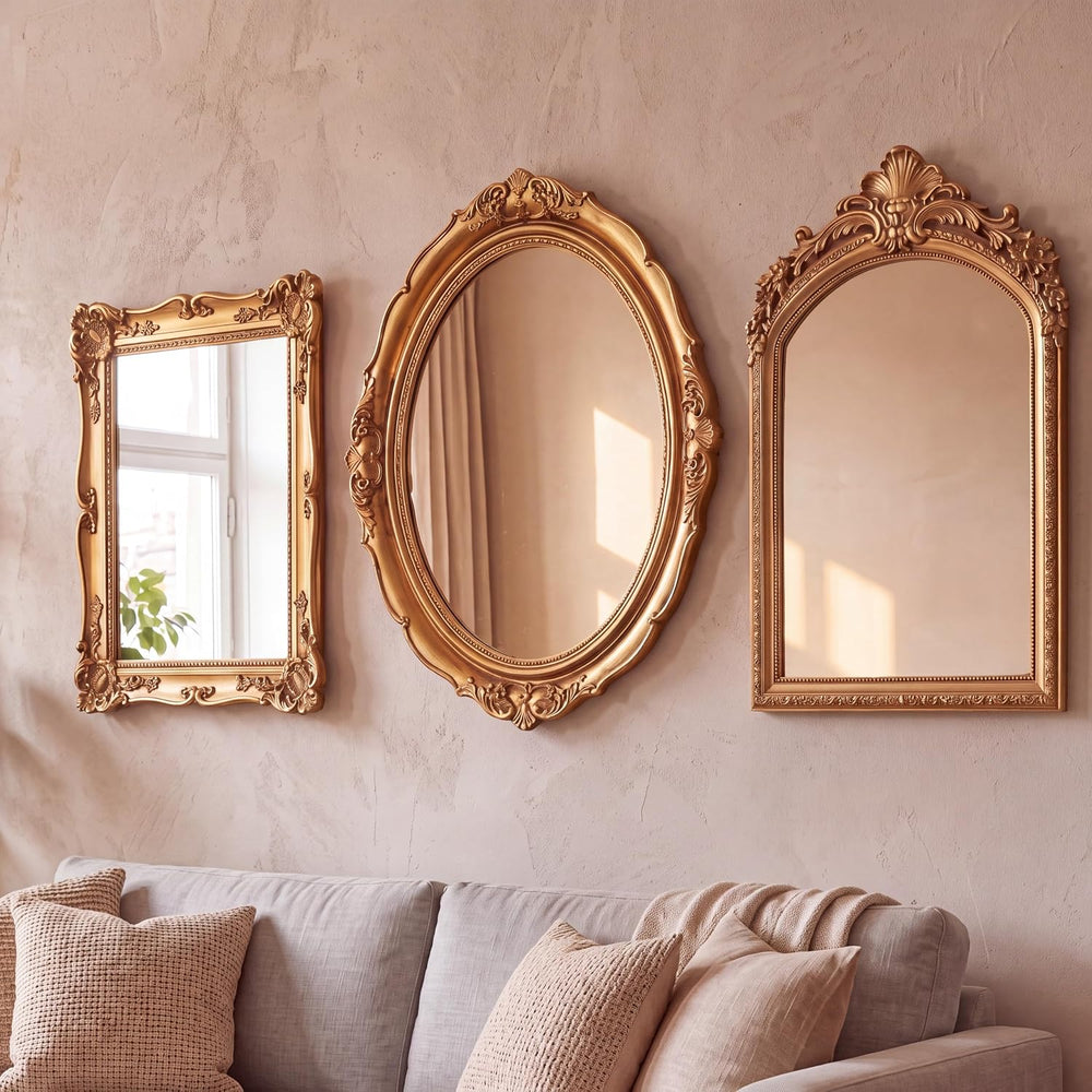 3 Pcs Vintage Gold Wall Mirror Set, 15in/13in/12in, Retro Style