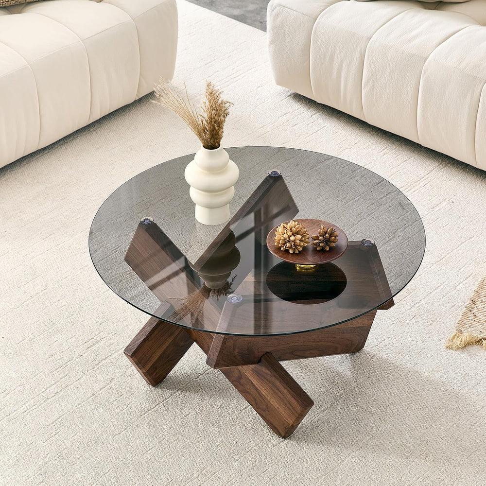 Round Gray Glass Coffee Table, 33.4-Inch Tempered Glass Top