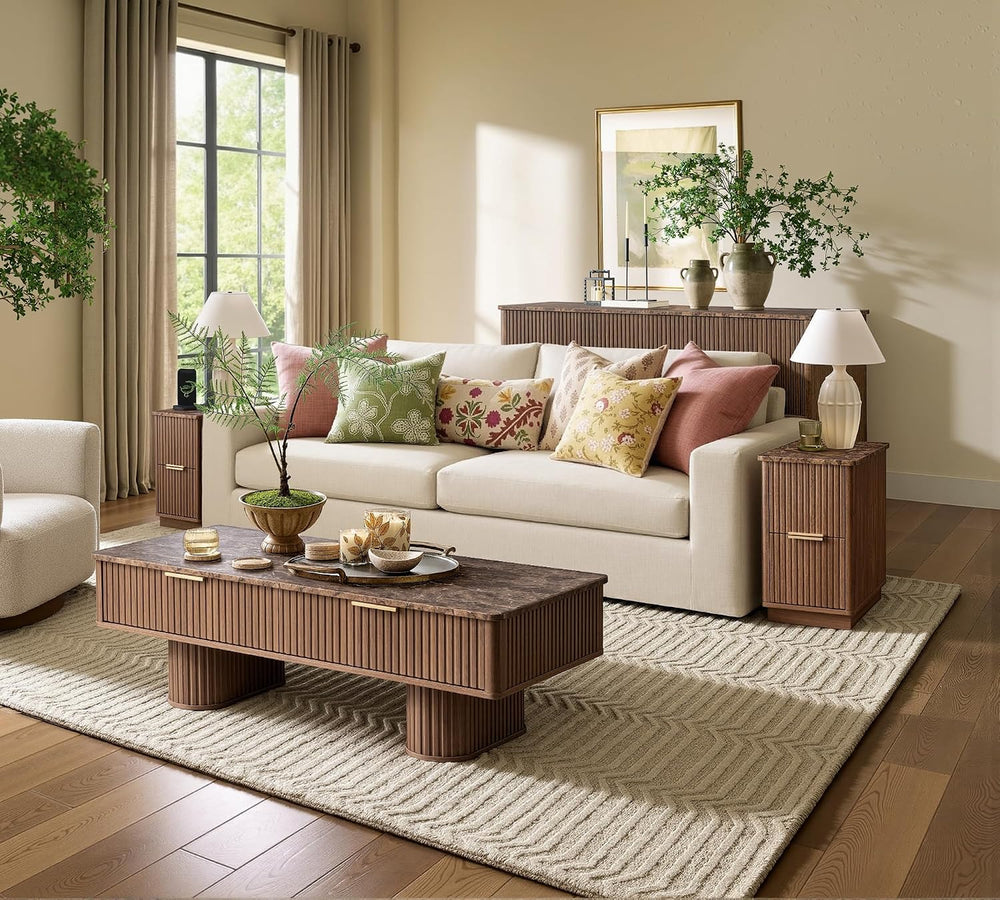 win2win Rectangle Coffee Table with Storage, Faux Marble Top, Walnut